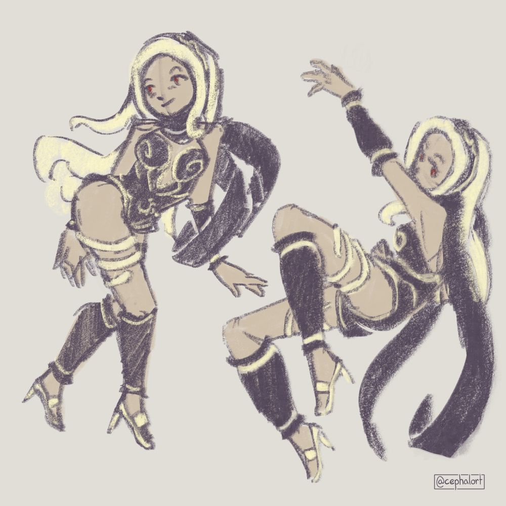 A pair of rough figure drawings of Kat from Gravity Rush. Both poses are twisted and floaty.