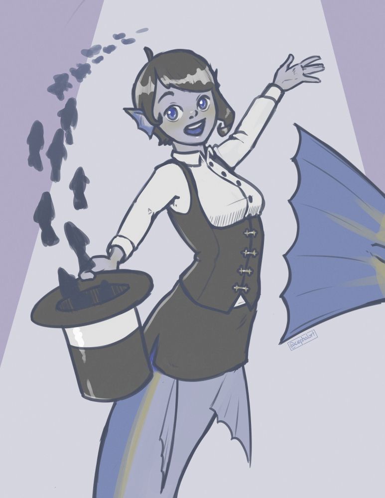 A drawing of a mermaid in a white shirt, low-cut vest, and short pencil skirt. She presents a magician's hat from which a school of fish flows out.