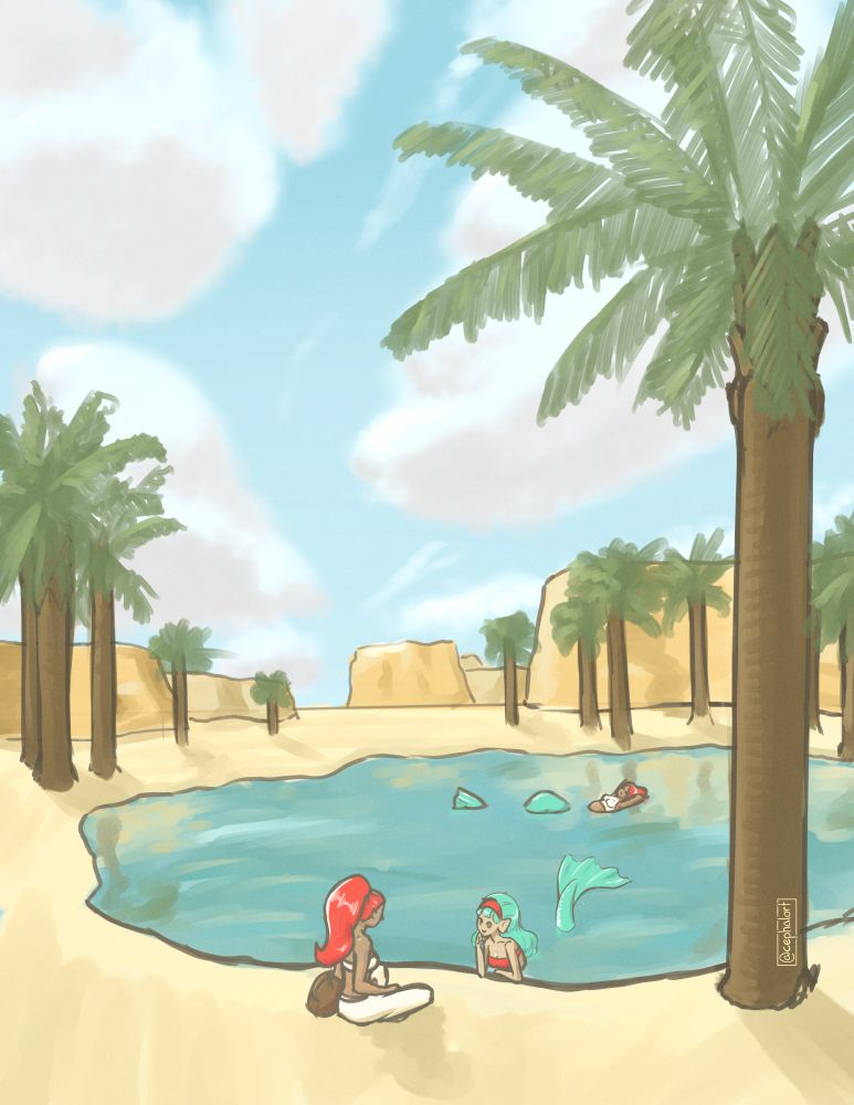 A rough drawing of an oasis with fluffy clouds, palm trees, and a pair of mermaids in the water. One lounges in the sunlight, while other chats with a traveling woman modeled after a gerudo from Zelda.