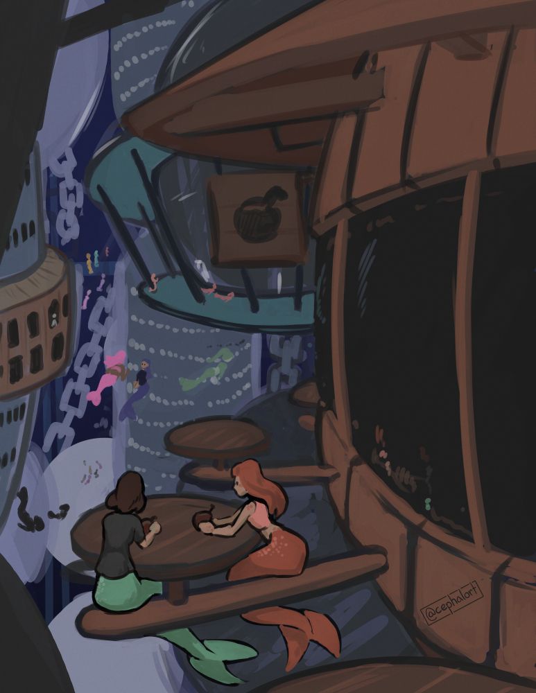 A rough, somewhat painterly drawing of an undersea city made up of spherical and pill-shaped buildings extending into the depths. In the foreground, a couple of mermaids sit outside a cafe that looks like it's made of driftwood. Small crowds of colorful merfolk gather and swim around between the floating structures.