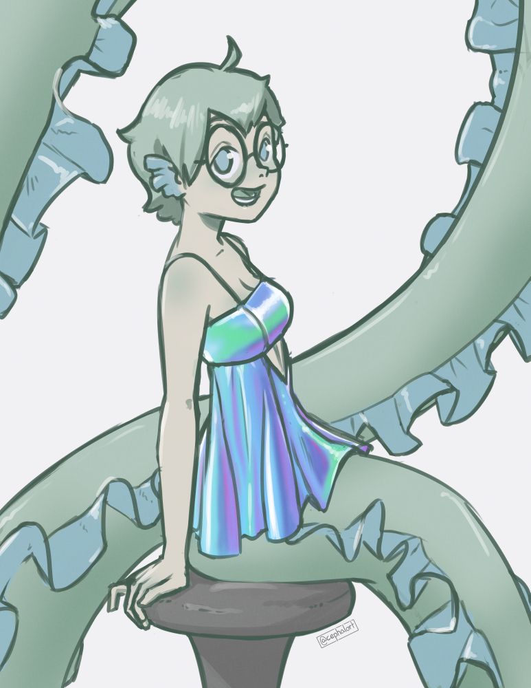 A drawing of an eel mermaid with big, round glasses and an iridescent spaghetti-strap dress. She wears a cute, dorky grin and her long tail with frill-like fins loops around the page. 