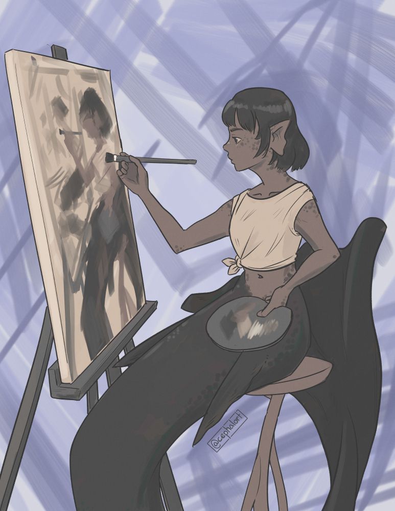 A drawing of a warm gray mermaid sitting on a stool and painting at an easel. She has a focused expression and a somewhat stiff posture. Rough, choppy, cool brushstrokes fill the background. On her easel is a painting of this image in a more cubist-inspired style.