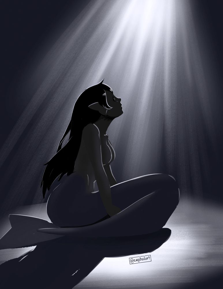 A drawing of a mermaid sitting in a dark space looking up at bright rays of light from above. She is mostly in silhouette, with only rim lighting to highlight her.