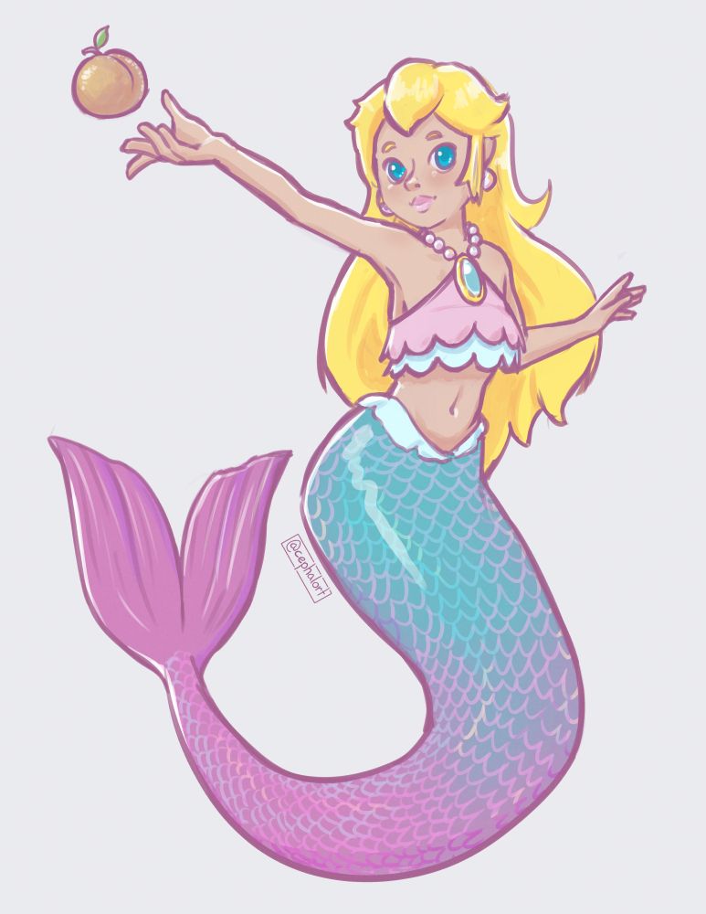A rough drawing of mermaid Peach from Princess Peach Showtime, holding her arm up and presenting a peach (the fruit). Iridescent scales are drawing all the way down her tail.