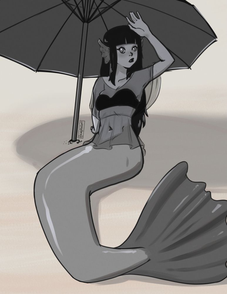 A drawing of a gray mermaid with deep black hair and lipstick wearing a simple black bikini and a dark sheer cover. She sits on the sand under a dark umbrella, with one arm raised to further keep the sun off her eyes.