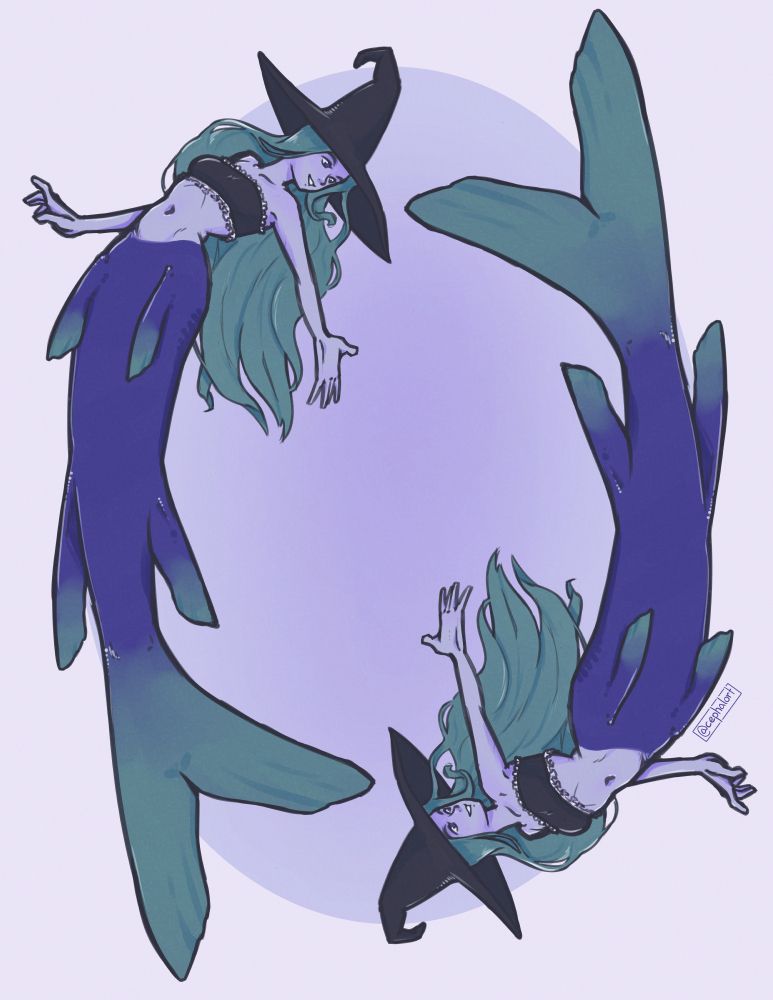 A drawing of a pair of identical mermaids in witch hats, swimming in a spiral pattern and reaching towards each other. The radially-symmetrical composition is a bit like a playing card, and it's rendered with simplistic, flat shading.