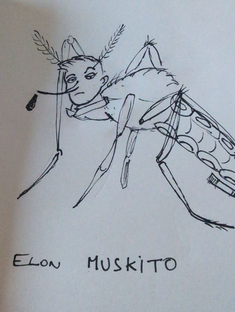 a bad drawing of "Elon Muskito", a nightmare mosquito creature with the head of an Elon 