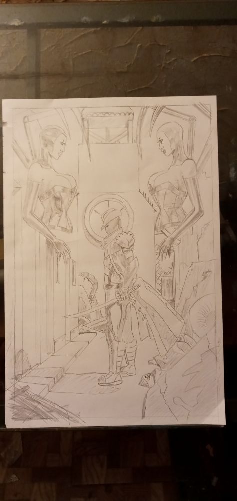 Pencil drawing of a warrior in a long coat with a katana standing in a ruined street with a rectory. A crow flies overhead and twin feme fatals with mechanical legs curled over their heads are imposed as mirrored design.