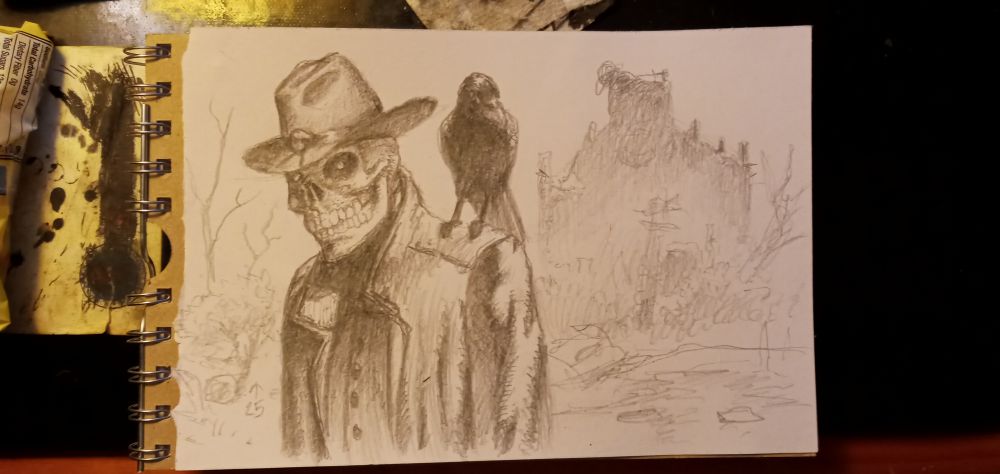 Pencil drawing of a skeleton cowpoke with a crow on the shoulder and broken old building in the background