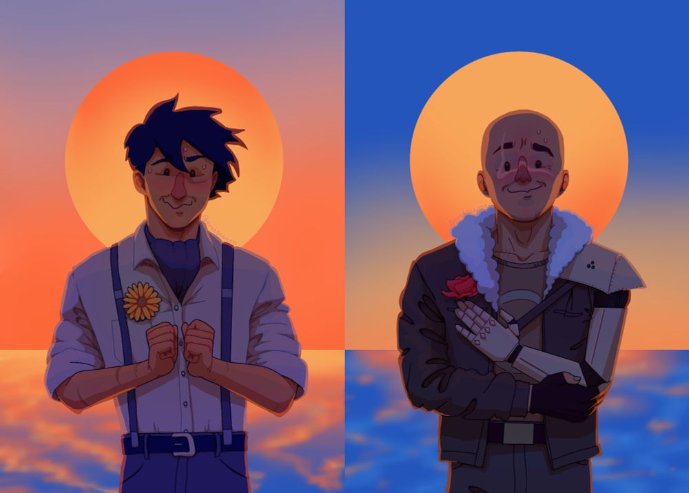 Two drawings side by side, portraying pactw and fitmc from the hips up illuminated by either the sun or the moon above water behind them. Pac is illuminated by the sun, he is wearing his date clothes and a big yellow flower is in his breast pocket. He looks nervious and tense and has a silly but happy smile on his face. Fit is illuminated by the moon, and looks happy and is smiling goofily while holding himself in a nervous hug, one hand over the breast pocket of his jacket that has a rose in it.