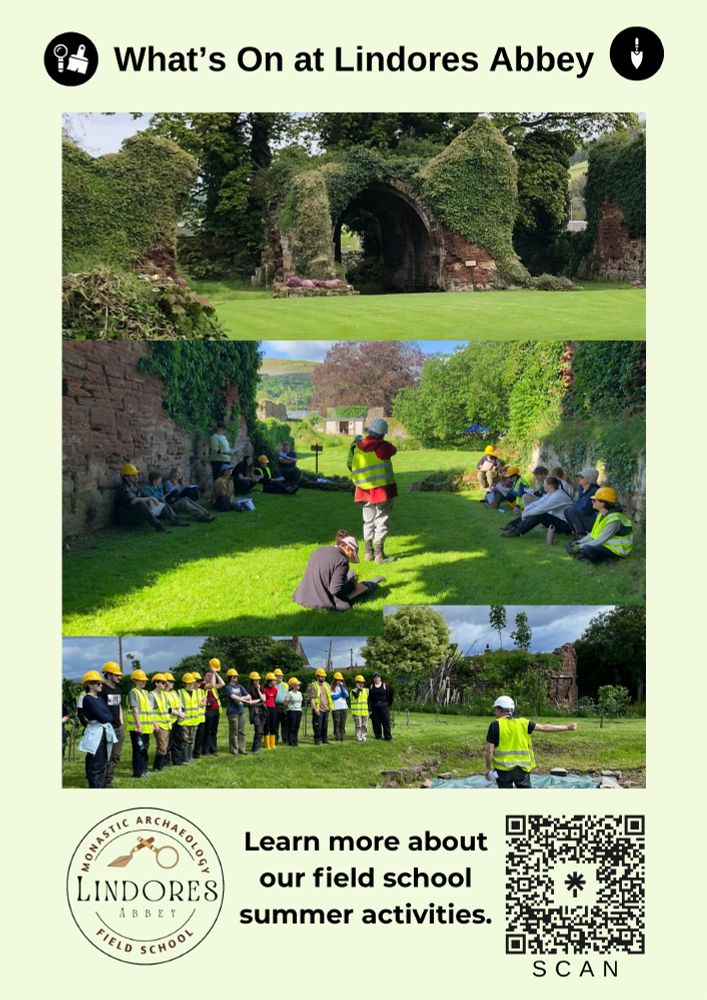 three picture collage 1 picture shows a red sandstone rune of a medieval abbey 2- people sitting on the grass listening to an archaeologists 3 people standing around listening to an archaeologist point things out 
with qr code in bottom right corner