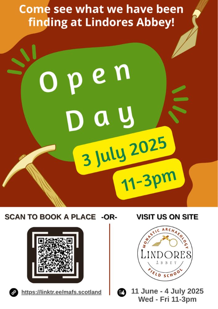 Bright poster with open day information. Our open day is 3 July 2025, 11-3 pm. There is a qr code to scan to book tickets.