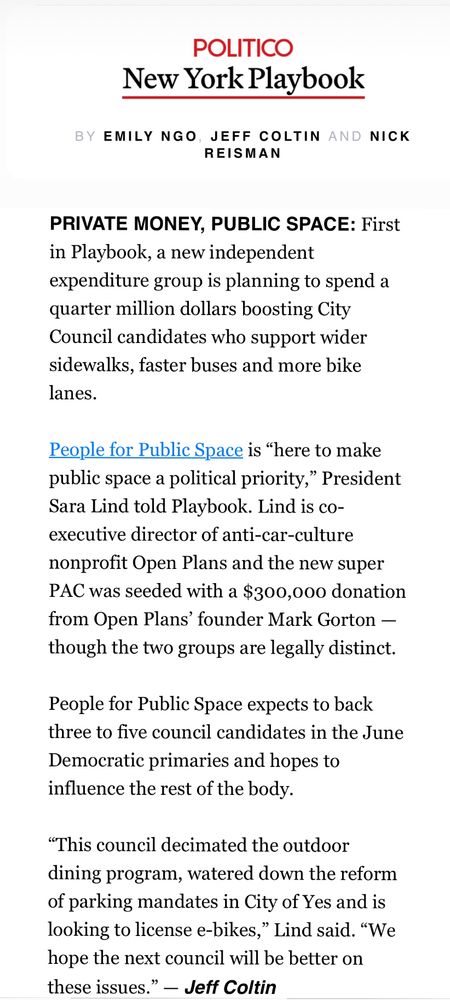 A New York Politico playbook article on People for Public Space
