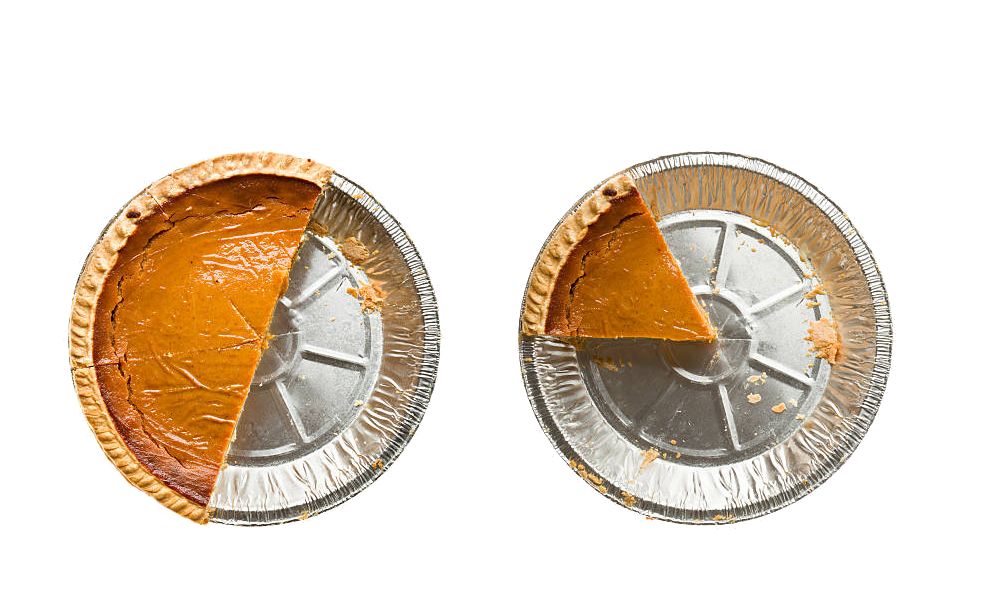 Tau day > Pi day
Half a pumpkin pie shown next to a single slice of pumpkin pie.