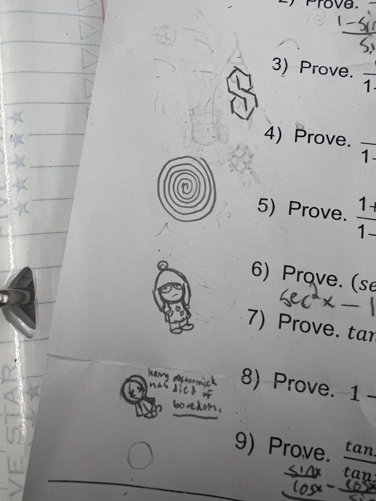 A math worksheet with 4 drawings on it: a graffiti S, a spiral, Craig Tucker flipping off the viewer, and a dead Kenny with the text, “Kenny McCormick has died of boredom.”