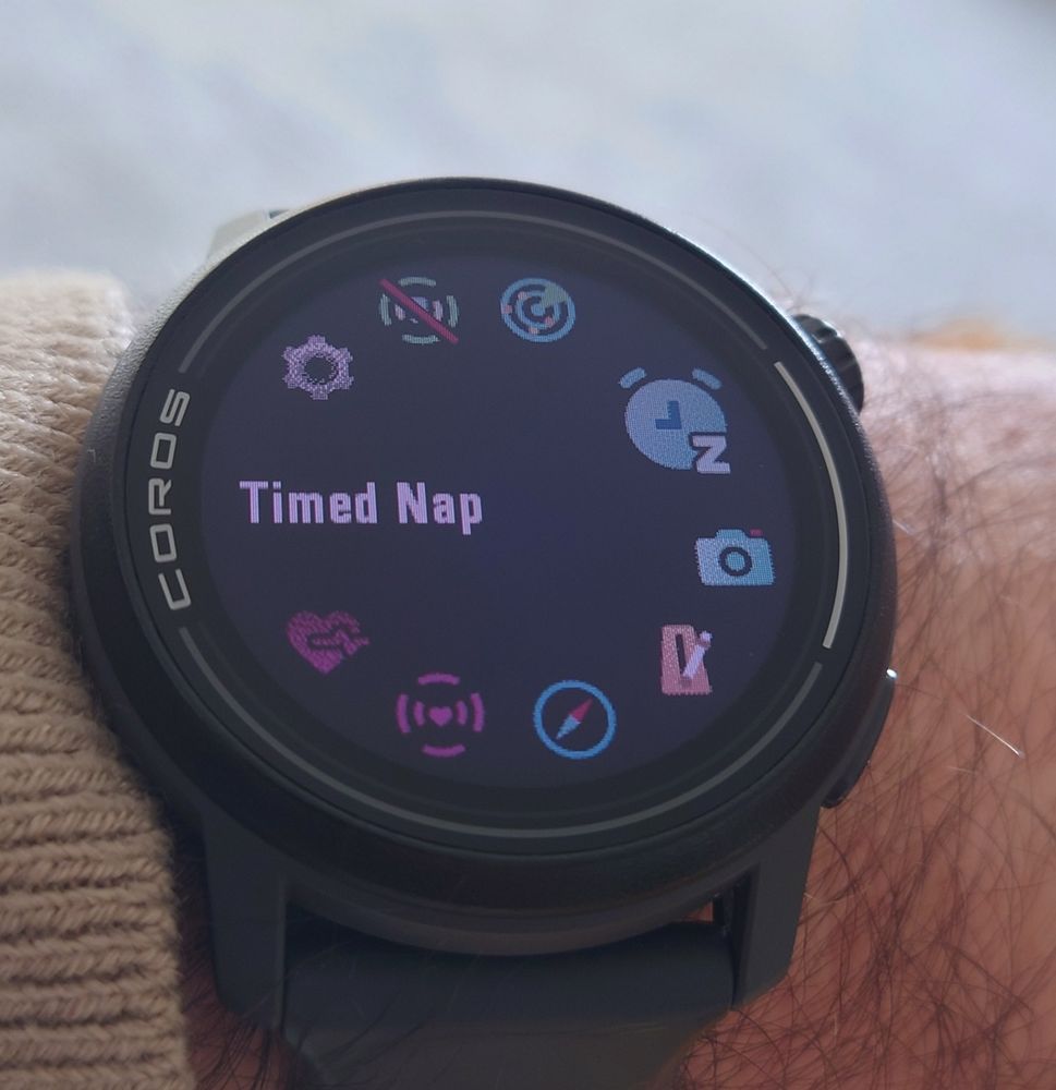 photo of a coros sport watch showing a series of icons, with the Timed Nap option selected 