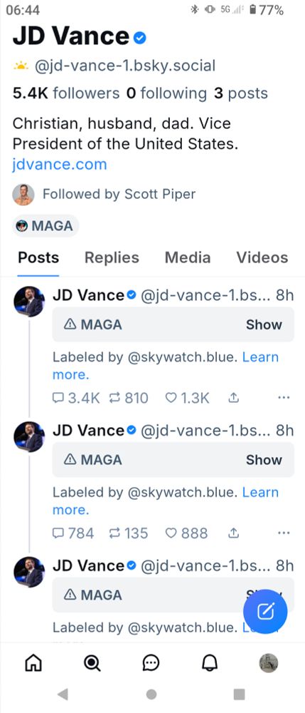 screen shot from JD Vance bluesky profile , with 3 posts all hidden behind a MAGA warning label