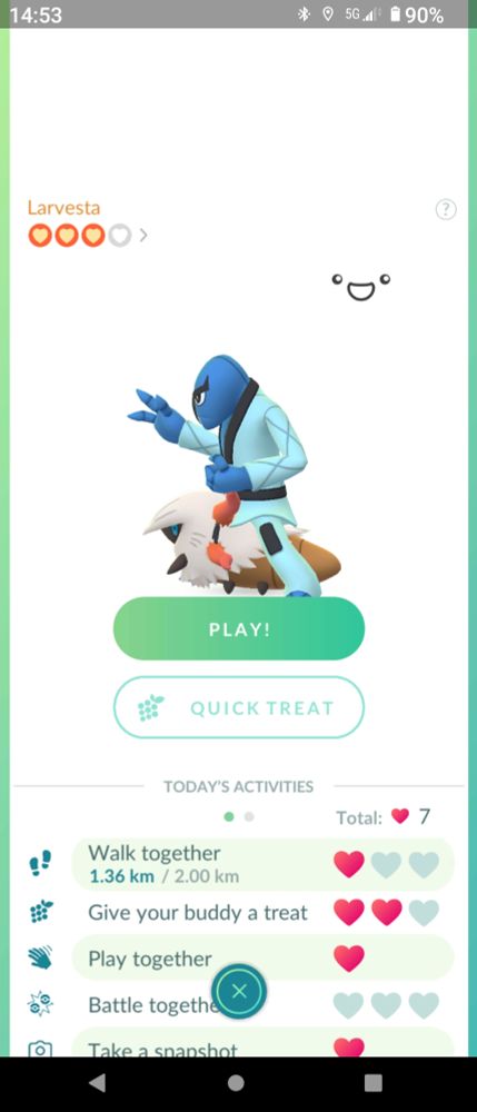 A screenshot of pokemongo buddy screen showing Skawk straddling Larvesta.

The screen correctly indicates Larvesta is my buddy, all the stats are otherwise correct 