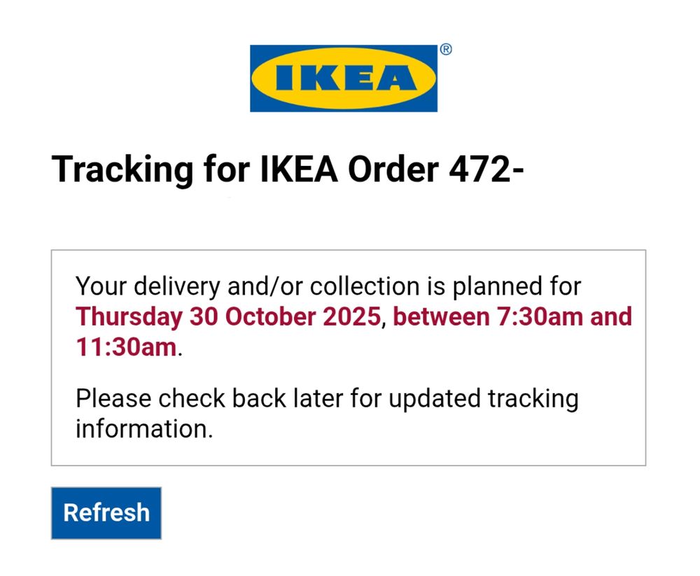 Screenshot of an IKEA order tracking page promising delivery today between 7:30 and 11:30