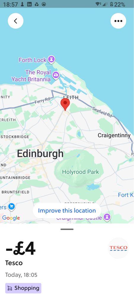 a map of Edinburgh, with a red location pin in the north,and a panel listing a £4 expense at Tesco