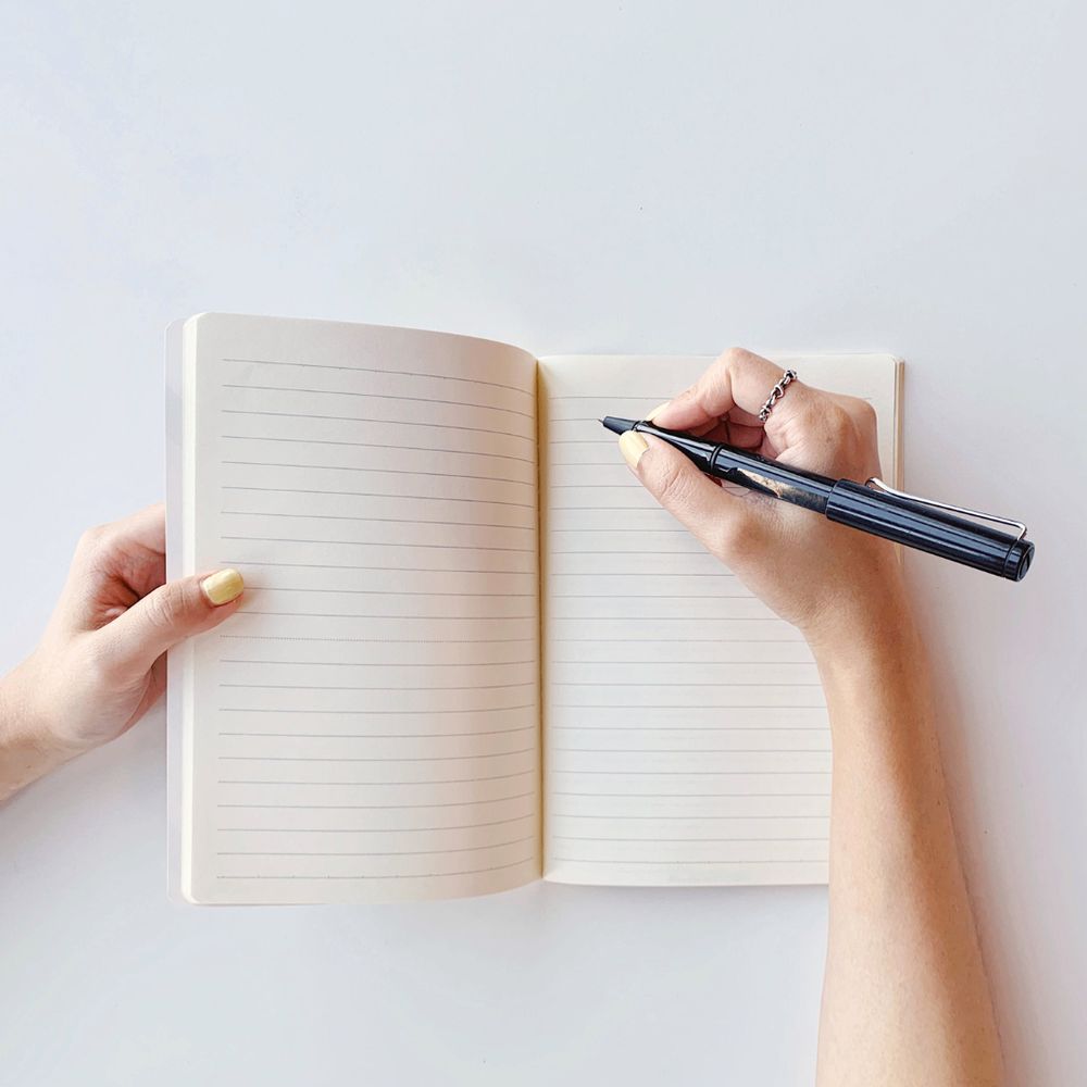 Someone holding a notebook and pretending to write in it