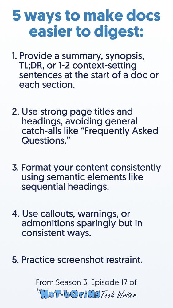 Light gray background with blue heading "5 ways to make docs easier to digest:" followed by a numbered list in dark blue text: "1. Provide a summary, synopsis, TL;DR, or 1-2 context-setting sentences at the start of a doc or each section. 2. Use strong page titles and headings, avoiding general catch-alls like 'Frequently Asked Questions.' 3. Format your content consistently using semantic elements like sequential headings. 4. Use callouts, warnings, or admonitions sparingly but in consistent ways. 5. Practice screenshot restraint." Bottom attribution reads "From Season 3, Episode 17 of The Not-Boring Tech Writer.”