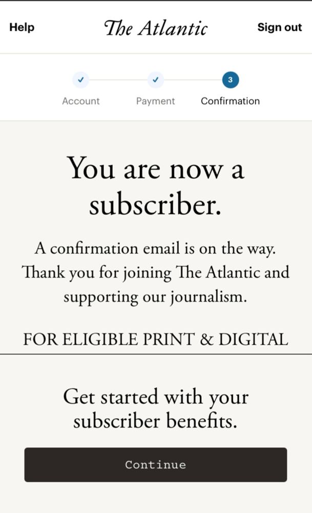 A screenshot of a subscription confirmation page for The Atlantic. 