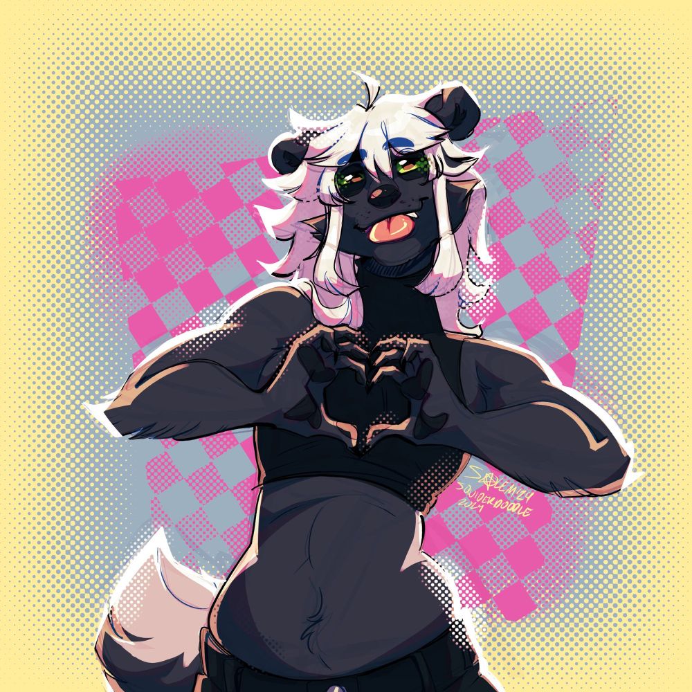 a sketch of my fursona giving the viewer a heart expression with his hands. art was sketched by phos4usm0th as a commission!