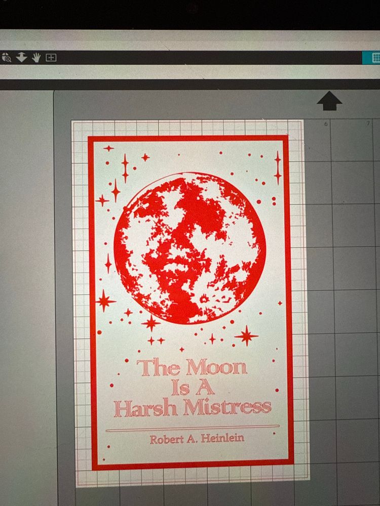 Shows a mockup of a book cover for The Moon Is A Harsh Mistress by Robert A Heinlein, made up of a border that contains a large silhouette of the moon surrounded by stars.  