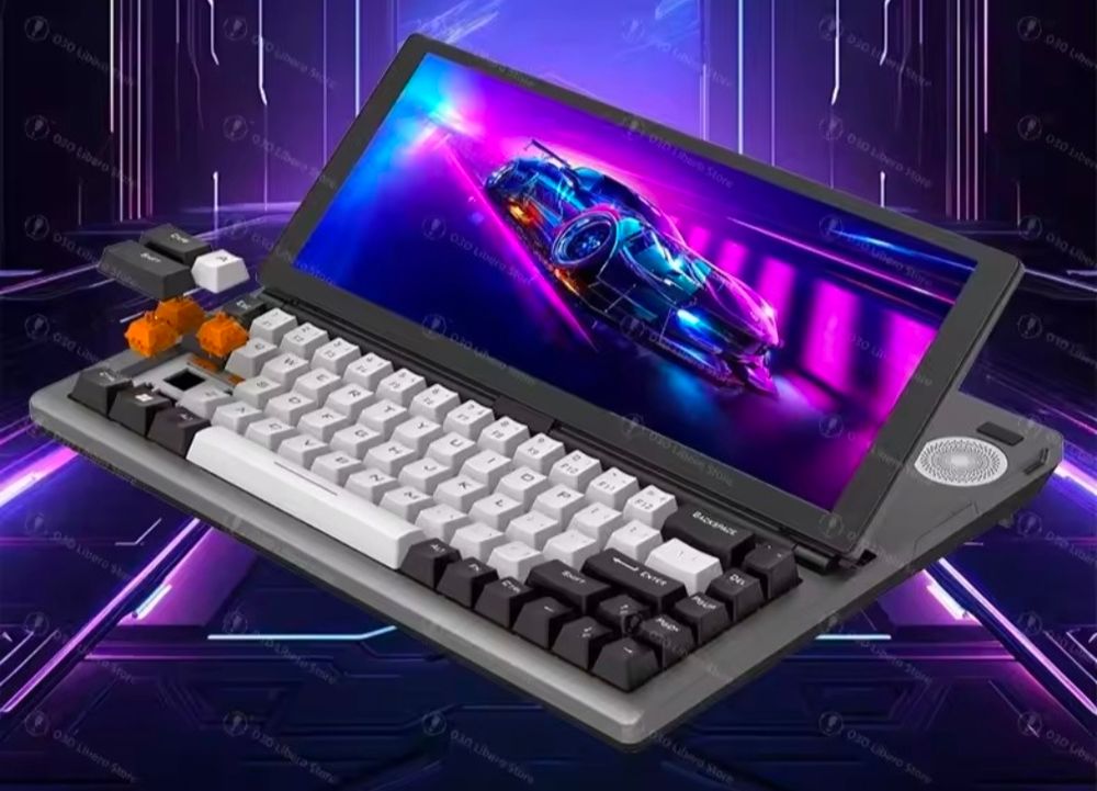 Mechanical keyboard with half height screen that folds flat and upright