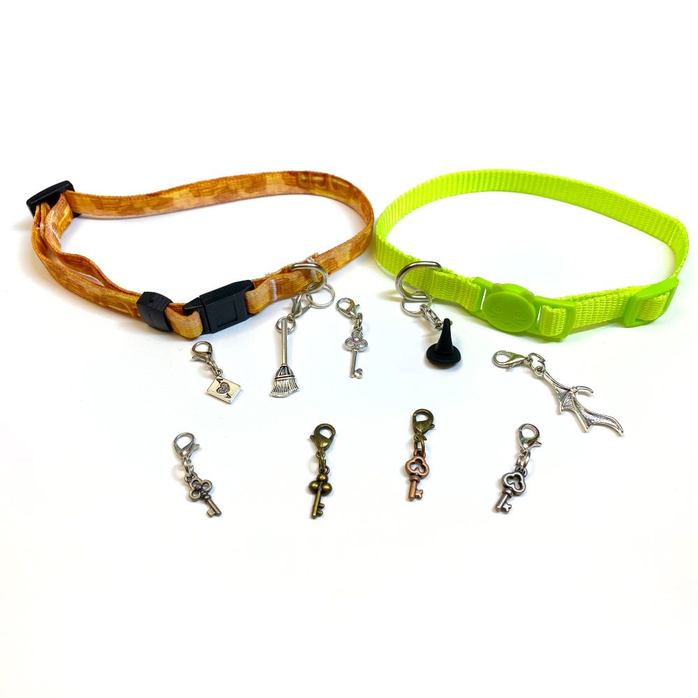 Witch/Magic themed and key shape cat collar charms in multiple colors
