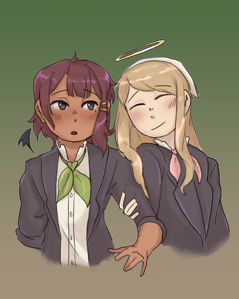 Image of a girl with reddish-brown hair being pulled along by a girl with blonde hair.