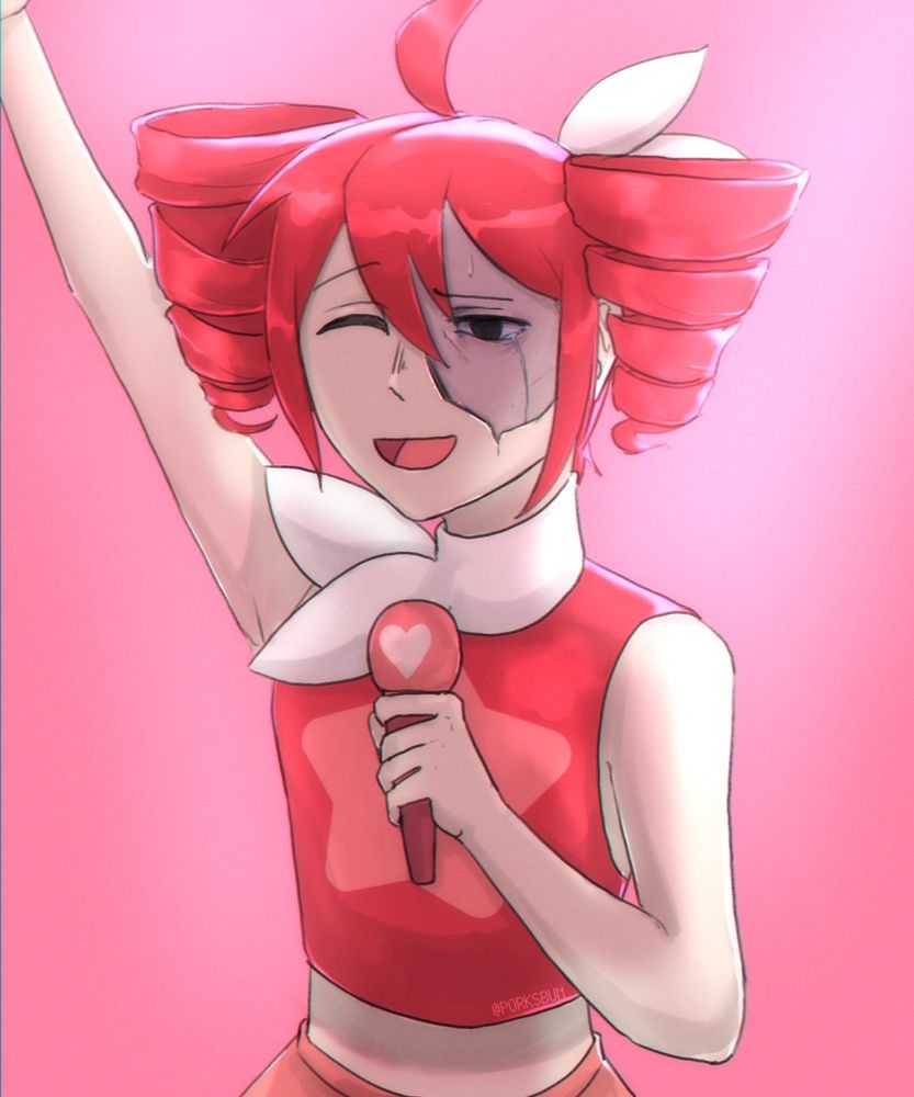 Image of Kasane Teto performinf as an idol. Part of her face is cracked, and a melancholy expression can be seen beneath the surface.