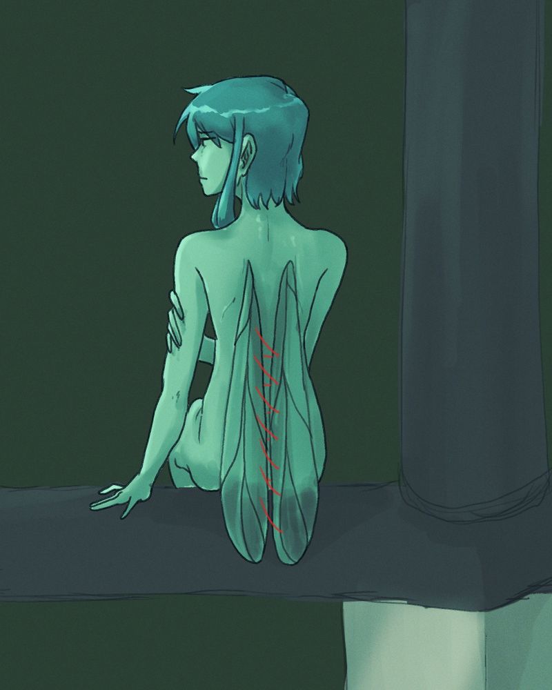 image of a blue-green fairy solemnly staring in the distance. Her wings are sewn together with red thread and she's resting on a large sword.
