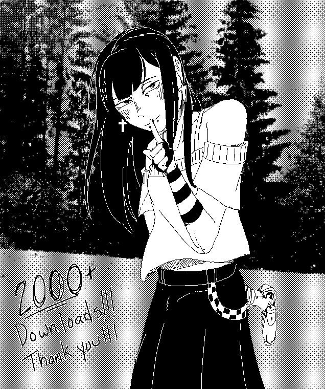 Image of a black haired girl holding a collar behind her back and shushing the viewer. Text reads: 2000+ Downloads!!! Thank you!!!