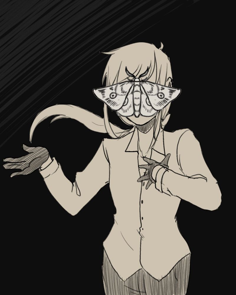 Sketch image of a ponytailed woman with gloves and a moth obscuring her face. [The Romance of the Moth and the Flame by Crying Rules Actually]