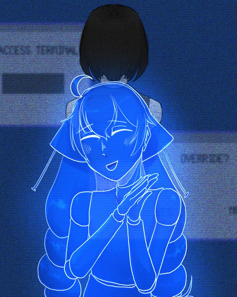 Image of a blue robot girl clasping her hands and smiling. behind her, the silhouette of a girl with a bob and computer windows reading 'ACCESS TERMINAL' and 'OVERRIDE?'