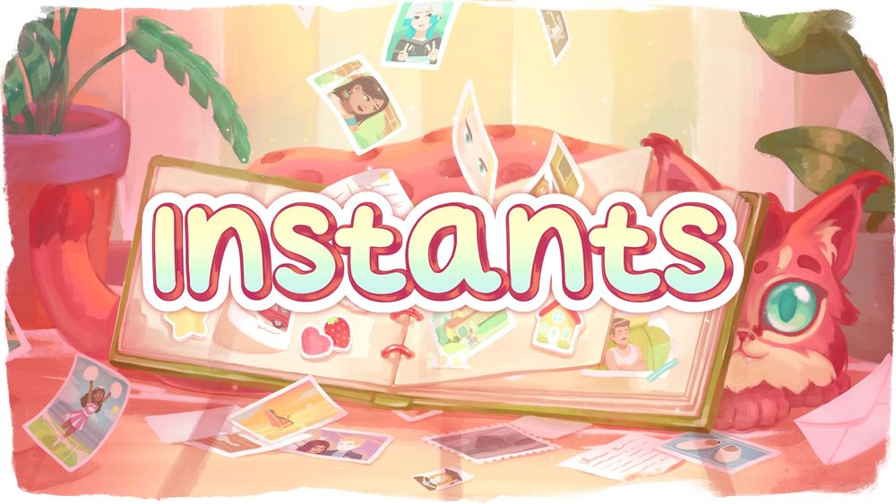 Pastel drawing of a scrapbook that is leaning against a pink cat with photos raining down on them. It says "Instants" in the foreground.