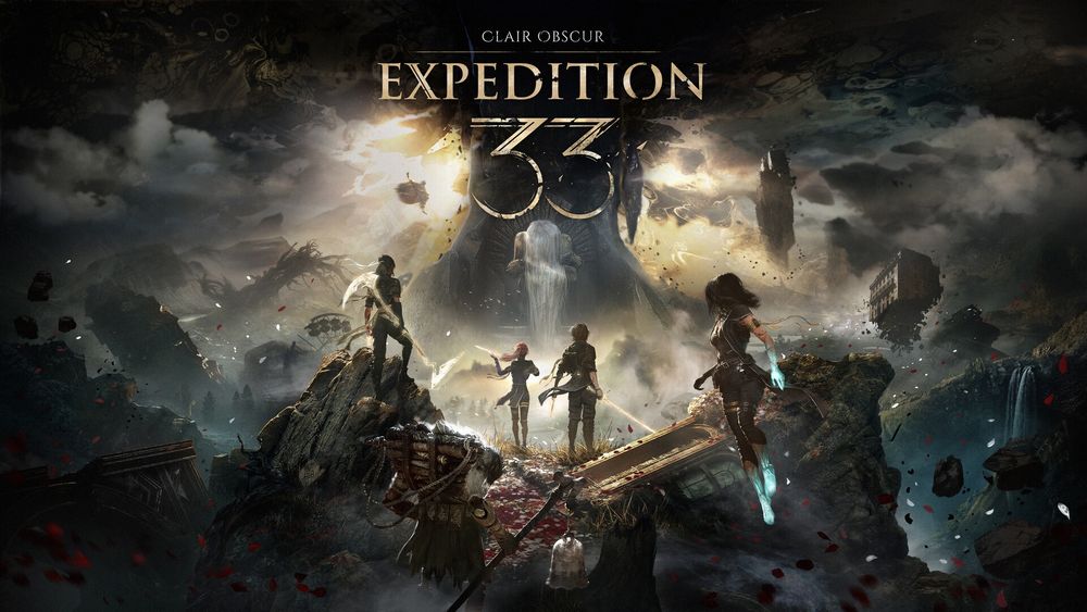 Key art featuring a bleak, rocky landscape littered with ruins, floating rocks and buildings, and a party of adventurers looking at a gigantic distant figure with long white hair hanging over their face. It says Clair Obsur: Expedition 33 at the top.