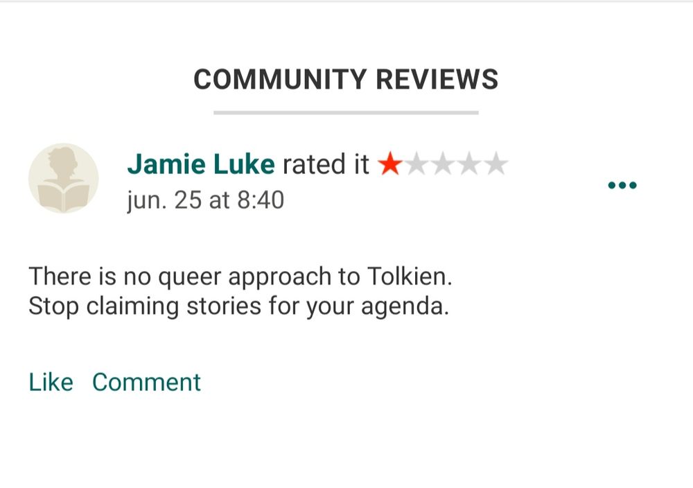 Screenshot of some person's "review"  crying that there is "no queer approach to Tolkien, keep your"agenda" away, mimimi"
