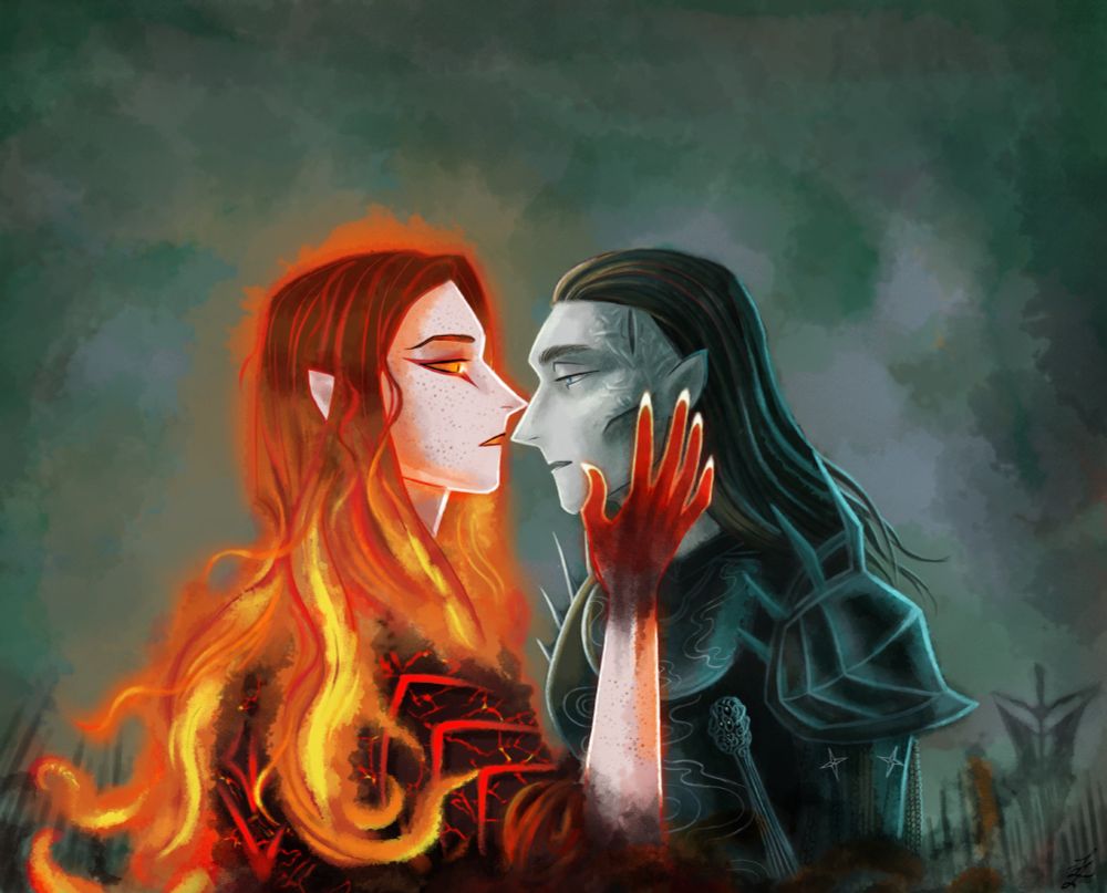 Color illustration of Sauron (left) and Adar (right), standing face to face so close their noses touch.

Both Adar and the background are dark and blueish; the source of light is Sauron, all red, orange and pink, his hair looking like if it was made of fire and his face lit.

Sauron is cupping Adar's face with a hand, which looks lit from inside and whose nails look like little flames. Adar is wearing his usual armour but with extra spiky pieces as shoulder-protectors. Behind them there are spears and banners, suggesting an uruk army surrounding them.