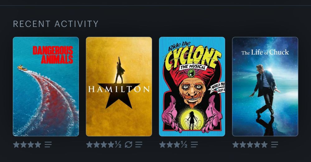 Posters for Dangerous Animals, Hamilton, Ride the Cyclone, Life of Chuck