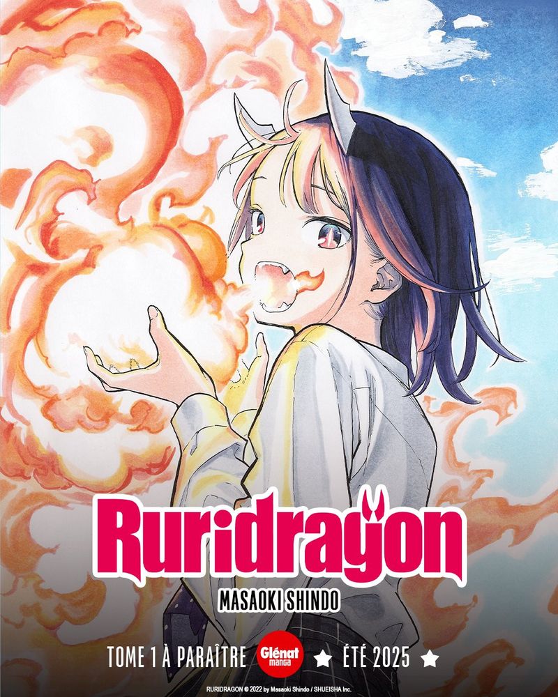 Image promotionnelle pour le manga Ruridragon, représentant Ruri, la protagoniste, une jeune fille dotée de cornes et crachant du feu.