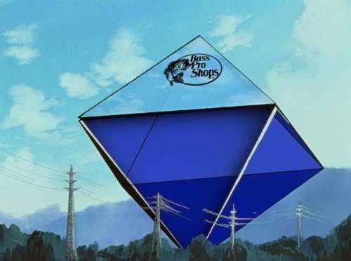 screenshot of a tetrahedron-shaped angel from Evangelion, adorned with the Bass Pro Shops logo