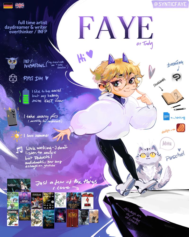 An image with a chibi version of the me, the artist, and my cat, next to it are a few facts about me and movies, books Iike. 