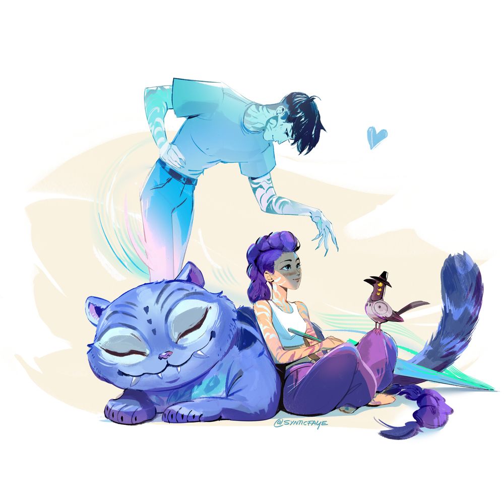 A colorful fanart of kpop demon hunters characters. Jinu appears in a ghostly form above Rumi, she's leaning against Derpy the Tiger and has the Bird sitting on her leg, her sword close by.