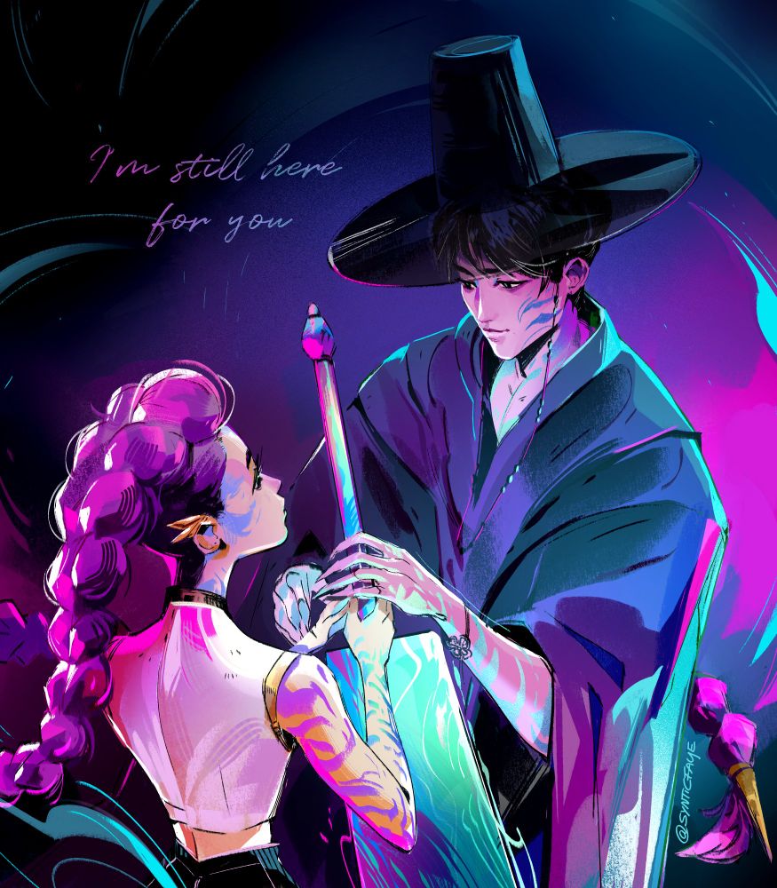 Jinu and Rumi both touch her sword, it's a tender moment between the two of them, a mixture of longing and peace. 