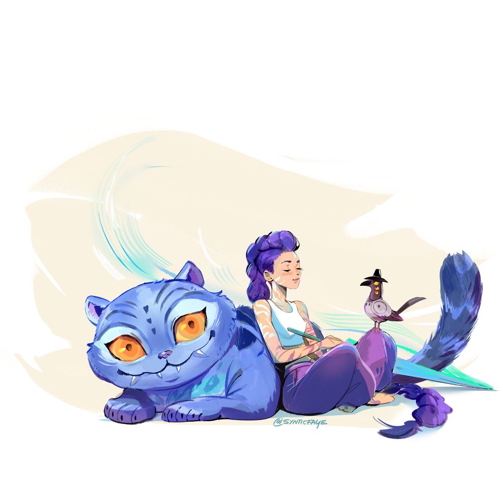 A colorful fanart of kpop demon hunters characters. Rumi is meditating, she's leaning against Derpy the Tiger and has the Bird sitting on her leg, her sword close by.