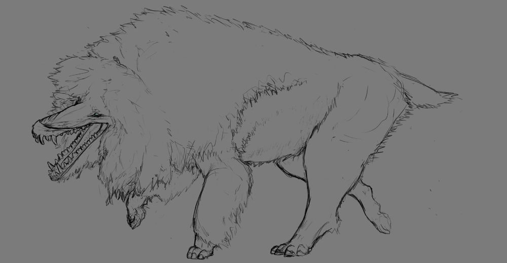 a really stylized Andrewsarchus, a hoofed carnivorous mammal with a incredibly shaggy coat like a Tibetan Mastiff. Had its tail docked (surgically cut off, mostly).