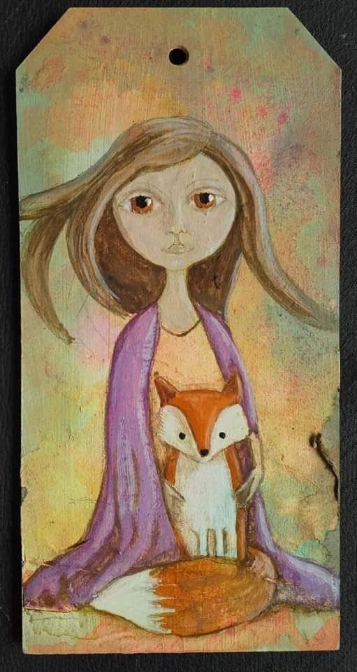 A girl gently embracing a fox. Soft shades of peach, lilac, green and orange